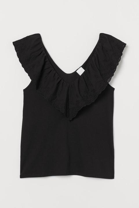 Top Mit Broderie Anglaise - Schwarz - Damen