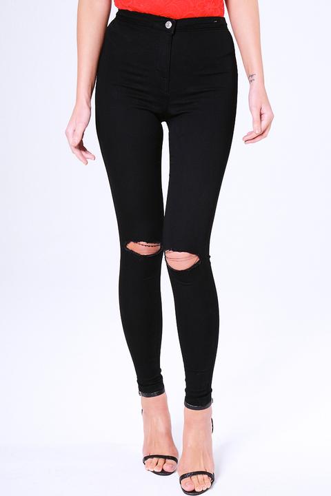 Black High Waisted Ripped Knee Skinny Jeans - Amara from Rebellious ...