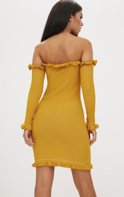 Mustard Ruffle Detail Bardot Mini Dress