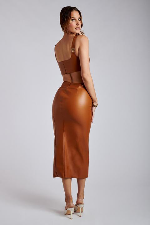 Bahar Faux Leather Split Midi Skirt - Desert