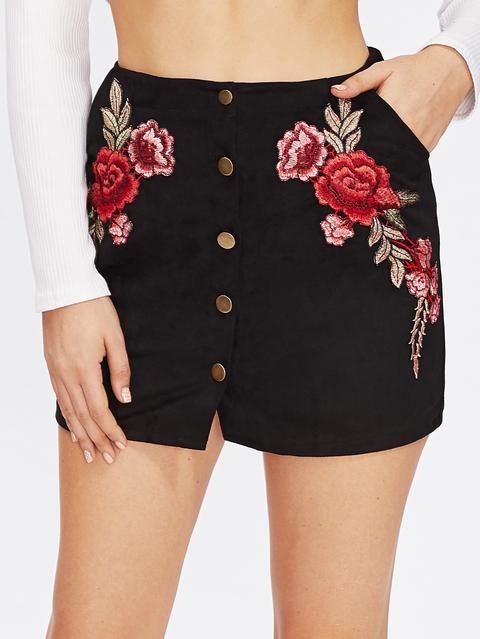 Rose Embroidered Applique Single Breasted Skirt