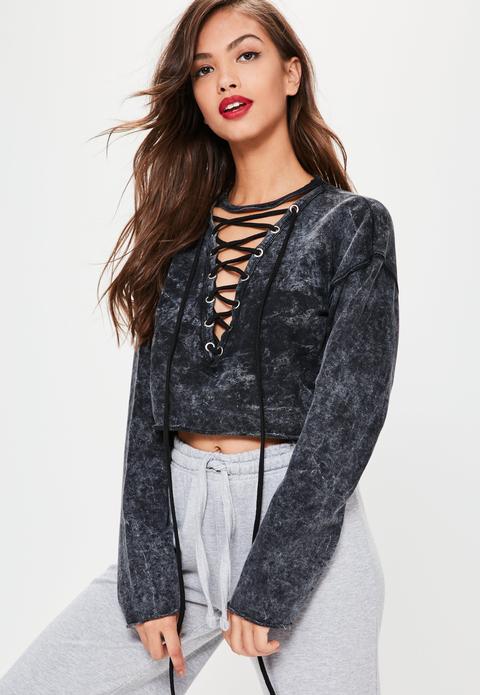 Grey Lace Up Washed Cropped Sweatshirt