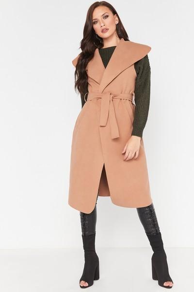 Layla Camel Sleeveless Waterfall Coat