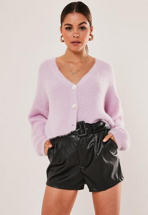 Blush Fluffy Boxy Cropped Knitted Cardigan, Pink