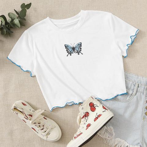 Butterfly Print Lettuce Trim Crop Tee