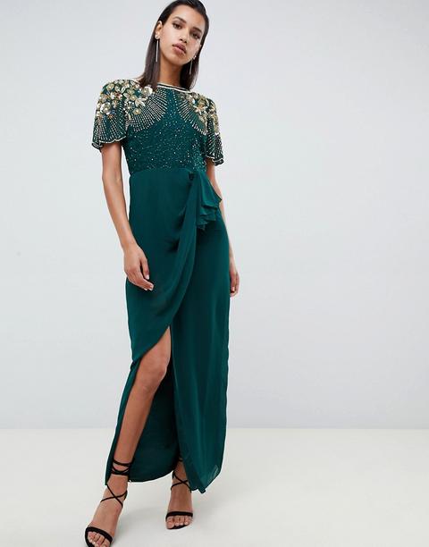 Vestido Largo Con Adornos Y Falda Cruzada Con Volantes En Verde Esmeralda De Virgos Lounge