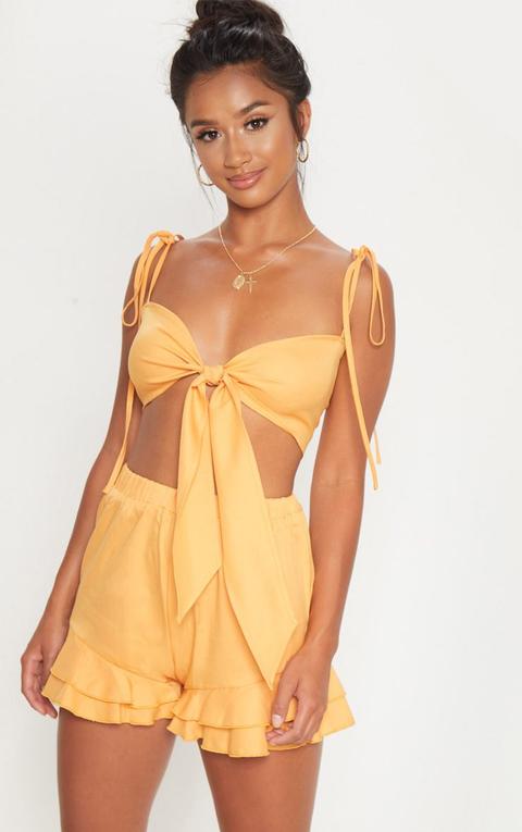 Petite Mustard Tie Front Crop Top, Yellow