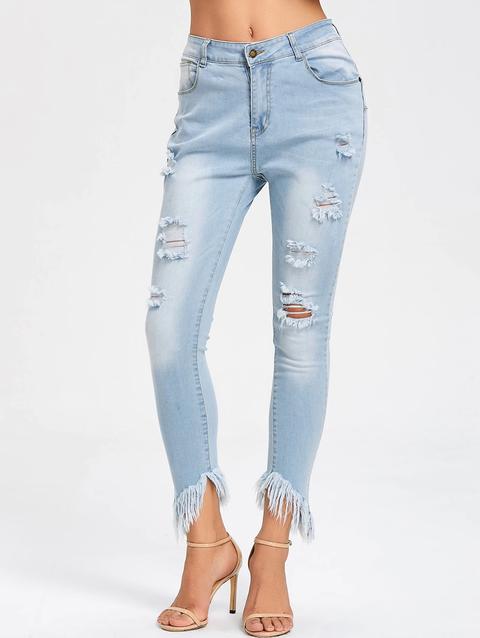 Jeans Skinny Strappati Orlo Grezzo