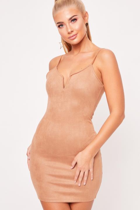 Leigh Camel Suede V Bar Bodycon Mini Dress