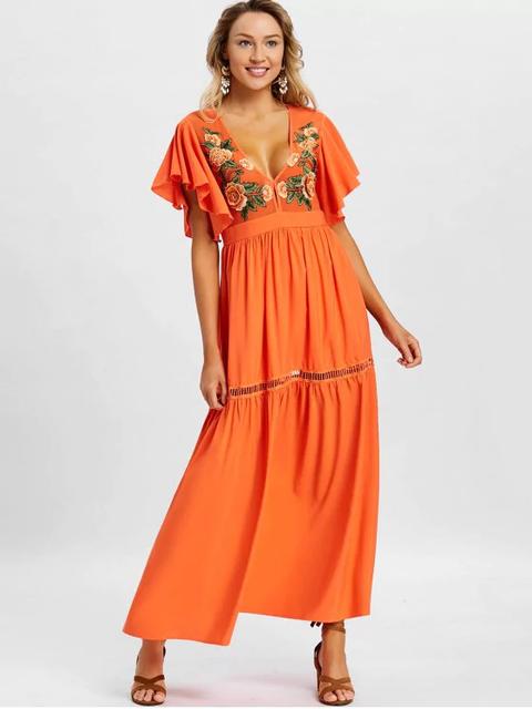 Vestido Maxi Bordado Bajo Orange