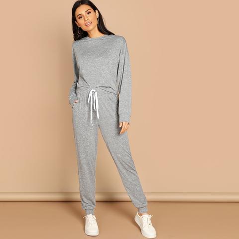 Conjunto Pullover Sólido Con Pantalones De Cintura Con Cordón