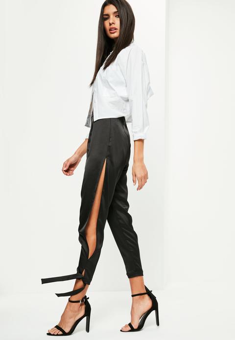 Black High Shine Split Tie Detail Trousers