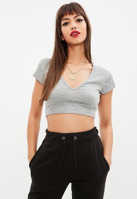 Petite Grey V Neck Crop T Shirt, Grey