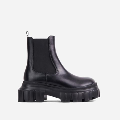 Endless Chunky Sole Ankle Chelsea Biker Boot In Black Faux Leather, Black