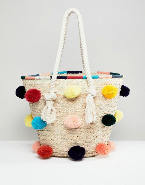 Park Lane - Borsa Di Paglia Da Spiaggia Strutturata Realizzata A Mano Con Pompon - Multicolore