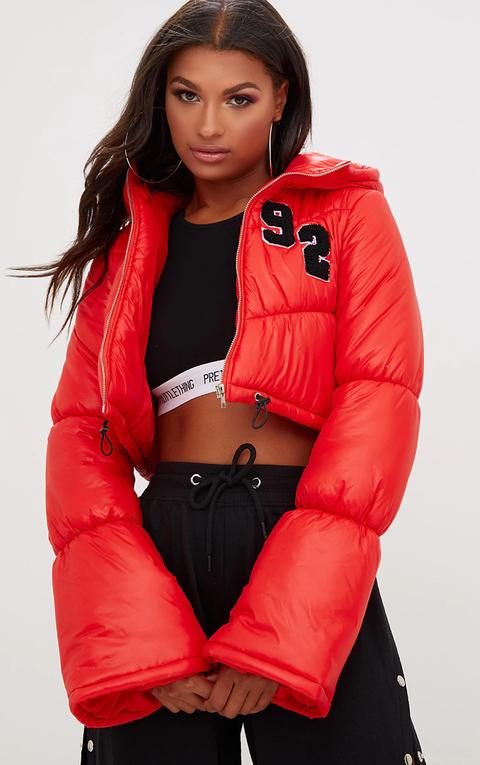 Red Flared Sleeve Puffer Jacket With Badges, Red