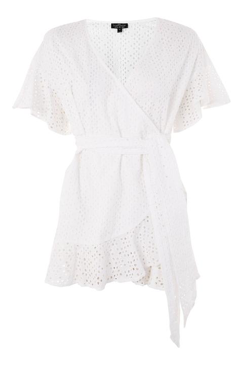 Womens Petite Broidery Wrap Top - White, White