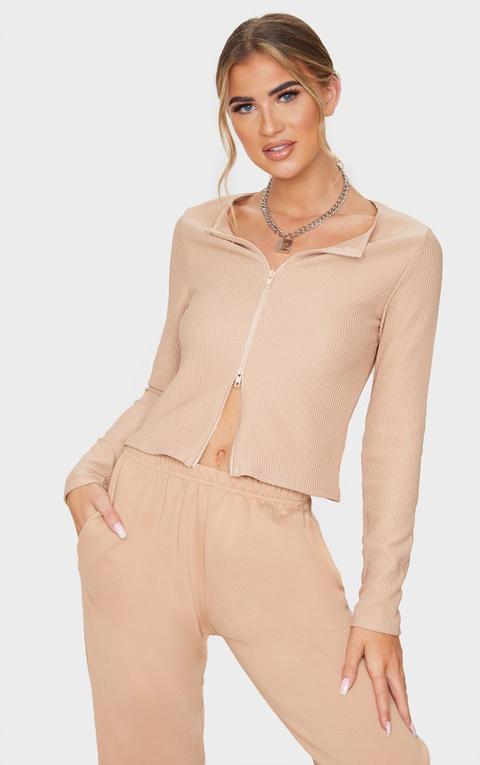 Sand Jumbo Ribbed Double Zip Top