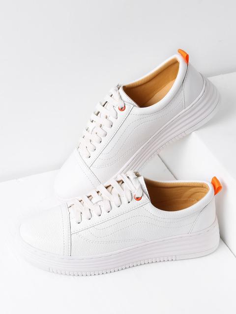 Bianco Punta Rotonda Lace Up Scarpe Da Tennis