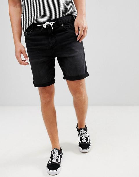 Pull&bear - Enge Schwarze Jeansshorts Mit Kordelzug - Schwarz