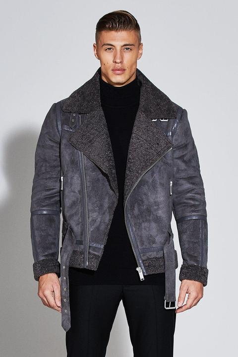 Premium faux suede sale borg lined biker jacket