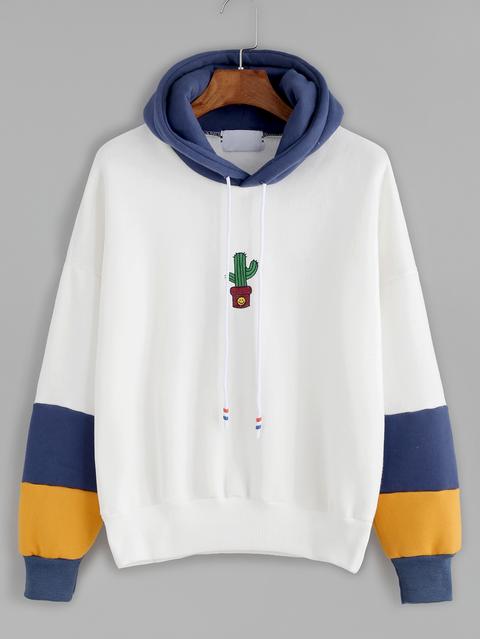 White Contrast Cactus Embroidery Drawstring Hooded Sweatshirt