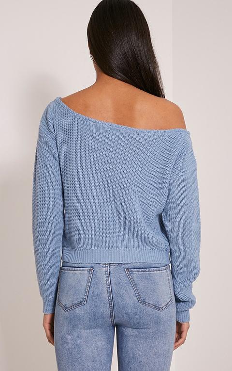 Rosalina Dusty Blue Off The Shoulder Crop Jumper