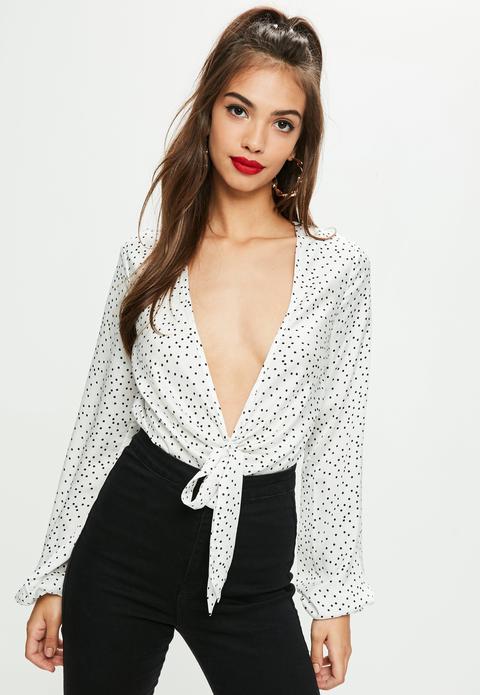 Tall White Polka Dot Plunge Bodysuit