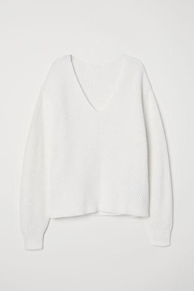 H & M - Pullover Cotone Con Scollo A V - Bianco