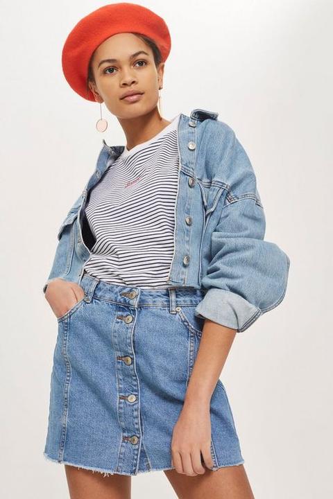 Womens Button Through Denim Skirt - Mid Stone, Mid Stone