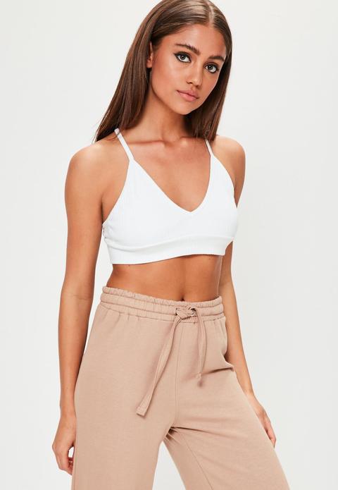 White Ribbed Cross Back Bralet, White