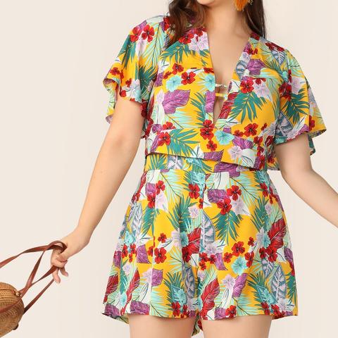 Conjunto Top De Espalda Con Cordón Con Estampado Tropical Con Shorts-grande