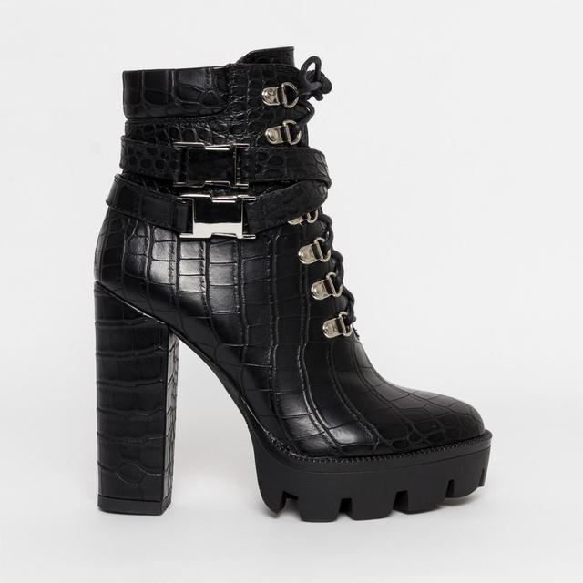 black croc lace up boots