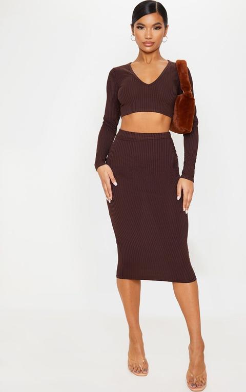 Brown Ribbed High Waist Midi Skirt