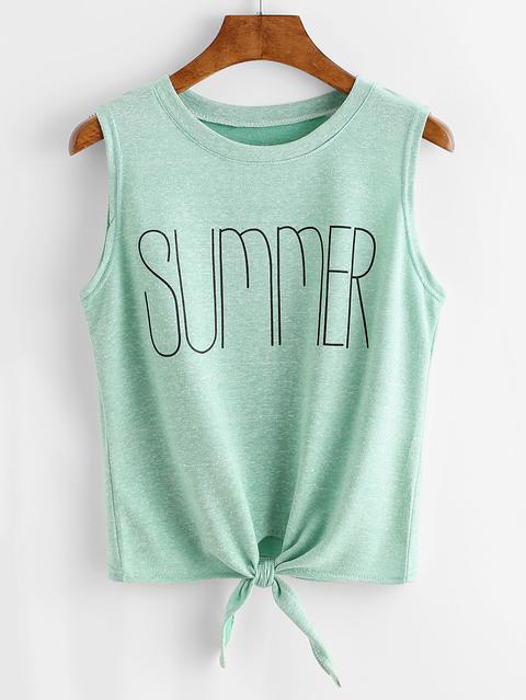 Light Green Letter Print Knotted Hem Tank Top