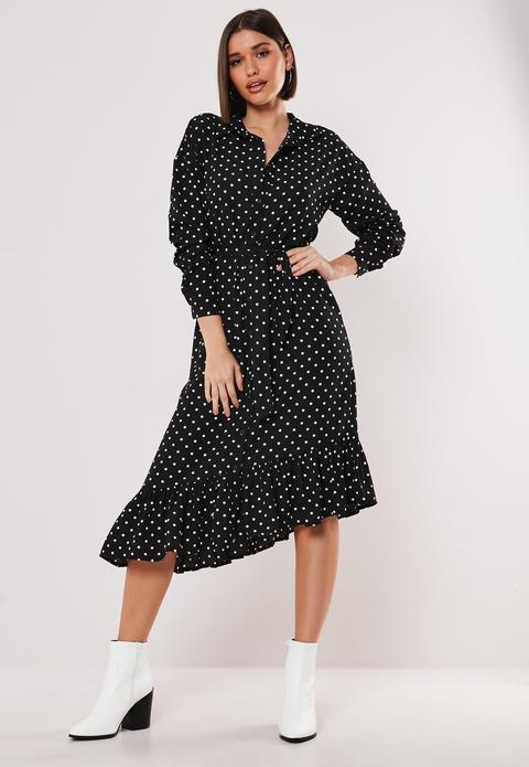 Robe Chemise Mi-longue Noire À Pois