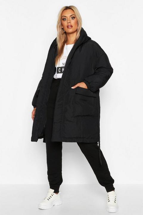 Womens Plus Shawl Collar Belted Mid Length Puffer Coat - Black - 16, Black