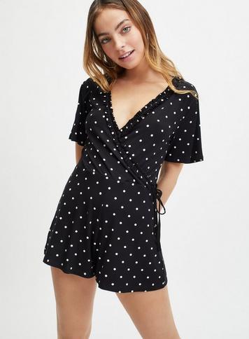 Womens Petite Black Spot Print Playsuit, Black