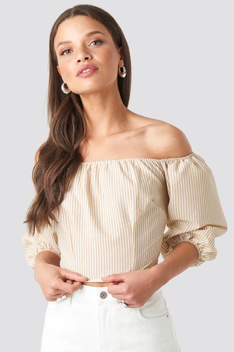 Off Shoulder Crop Stripe Top Beige