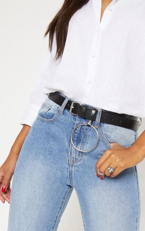 Black Ring Detail Waist Belt, Black