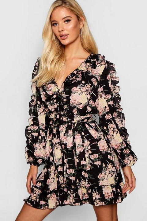 Floral Print Frill Detail Skater Dress