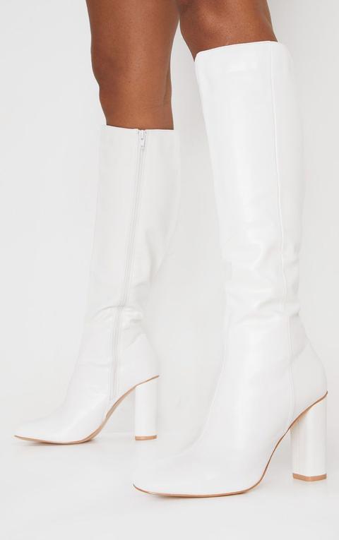 White Round Block Heel Knee High Boots