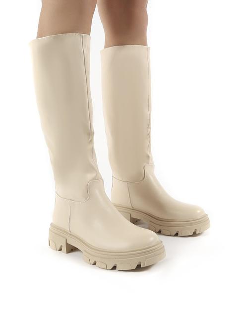 Sabrina Beige Knee High Chunky Sole Boots