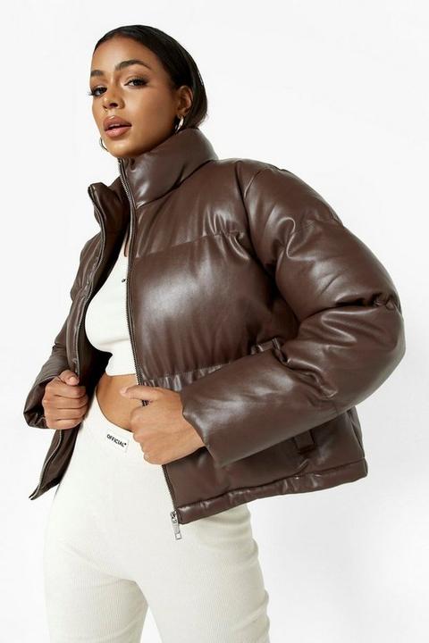 Womens Faux Leather Puffer Jacket - Brown - 12, Brown