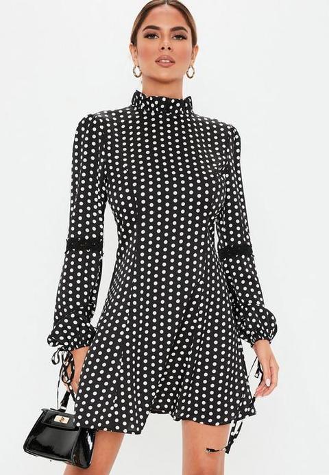 Black Polka Dot High Neck Satin Skater Dress, Black