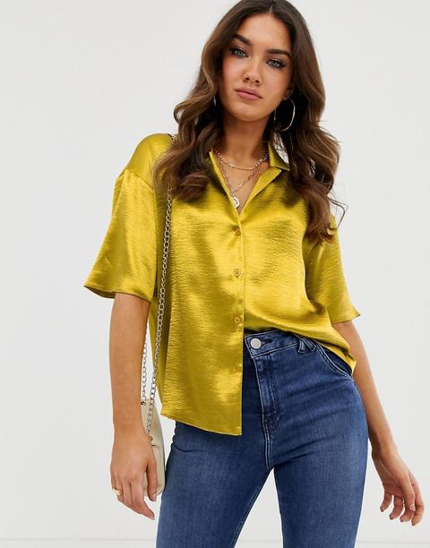 Asos Design Bowling Shirt In High Shine Satin