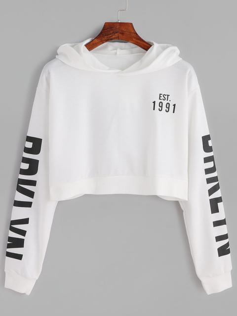 White Letter Print Crop Hooded Sweatshirt