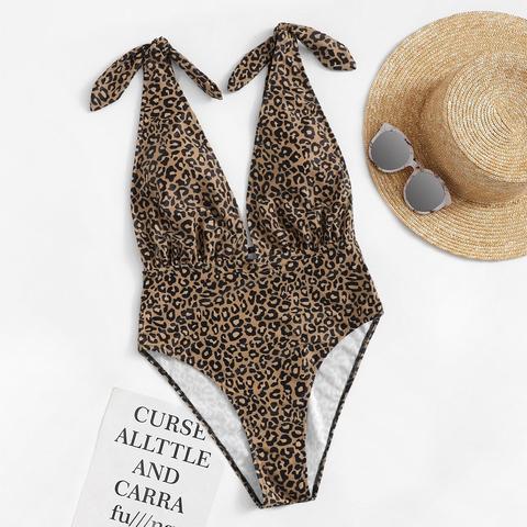 Costume Da Bagno Con Leopardo A Collo Profondo