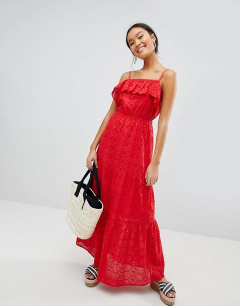 Asos Design - Vestito Lungo In Pizzo A Strati Con Spalline Sottili - Rosso