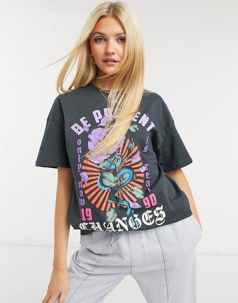 Bershka Acid Wash Oversized Tee With Graphic In Grey